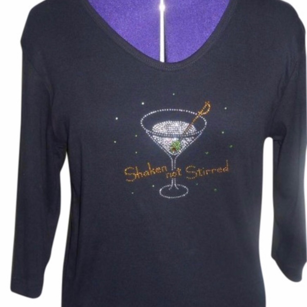 CACTUS BAY  Black Tee shirt "Shaken Not Stirred" Rhinestones Size M